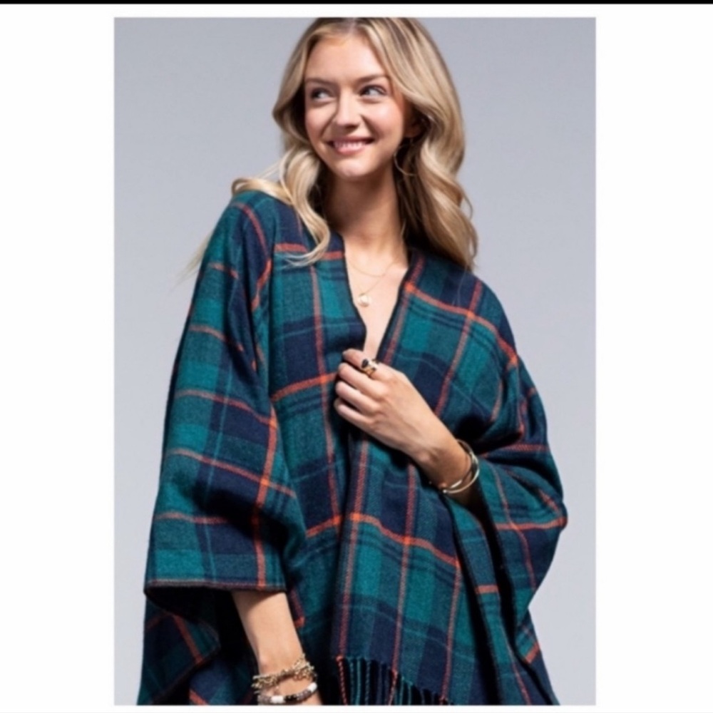 Ruana Teal Plaid Fringe Poncho Tartan Green Blue